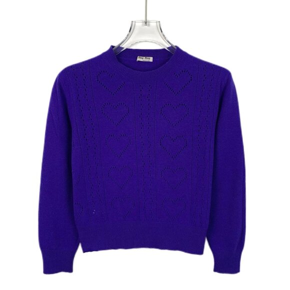 Miu Miu Purple Wool Heart Knit Crewneck Sweater Womens Size 36 Made In Italy - Picture 1 of 8